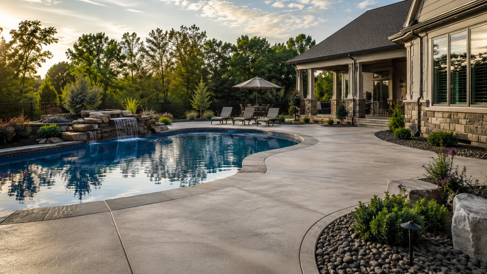 Concrete pool deck and outdoor living area in a Kansas City area backyard