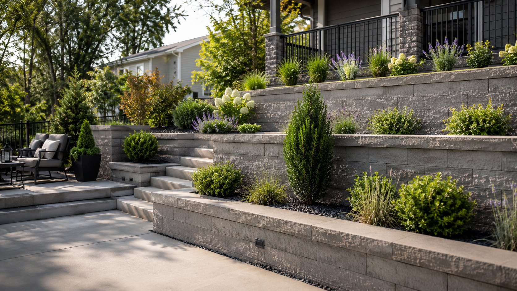 Concrete hardscape and terraced outdoor area showing retaining wall and grade change work in KC metro